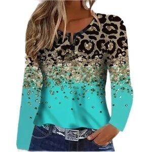 Women's Leopard Print V-Neck Knit Top - Size XL - NWT